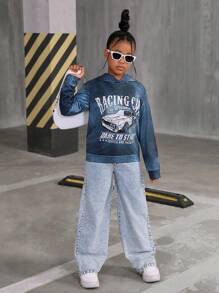 Tween Girl Y2K Racing Car Slogan Graphic Hoodie&Loose Jeans Two Pieces Set,Aqua Blue,Autumn,Cow Boy,School,Back-To-School Street Tie Dye Sweatshirt - Dark Grey - View 1