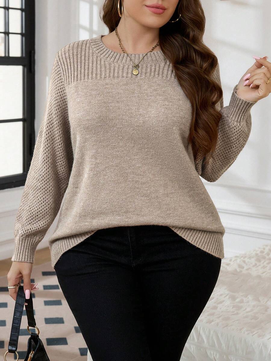 SHEIN LUNE Plus Size Women's Solid Color Crew Neck Long Sleeve Casual Pullover Sweater For Fall/Winter Knit Pullover Autumn - Khaki - View 1