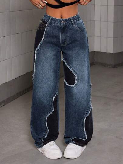 SHEIN EZwear Jeans amples et larges de style casual urbain pour femmes, en patchwork avec bords bruts