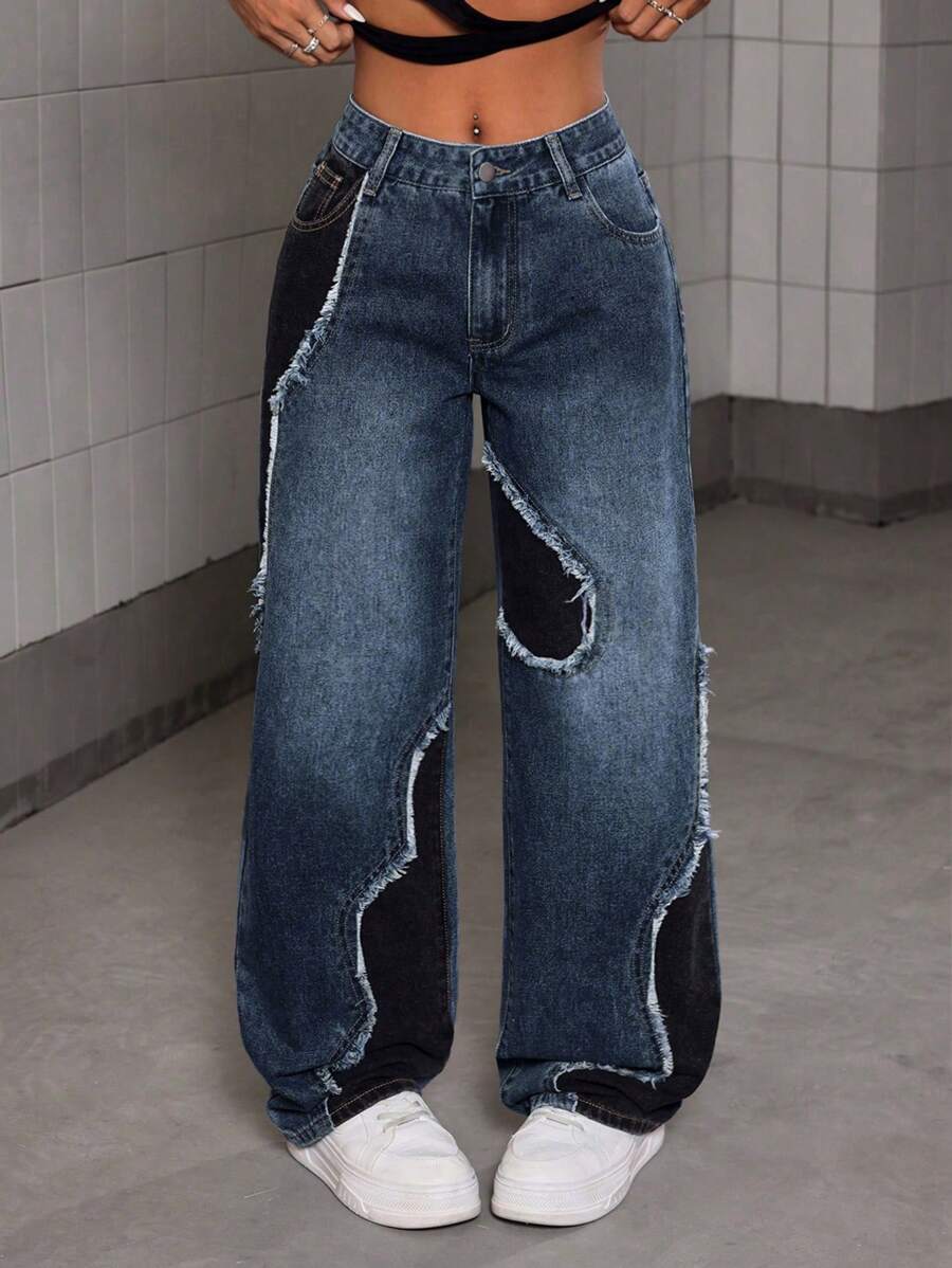 SHEIN EZwear Quần Jeans Ống Rộng Rộng Baggy Vải Thô Đường Phố Cho Nữ - Rửa tối - Xem 1