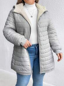 SHEIN LUNE Plus Size Women's Solid Color Long Sleeve Zip-Up Hooded Casual Padded Padded Coat, For Winter Clothes - Light Grey - View 3