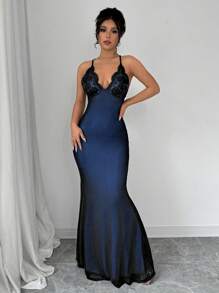 Rafferiza Spaghetti Strap V-Neck Lace Splice Criss-Cross Back Net Fishtail Bodycon Dress For Women Maxi Women Outfit