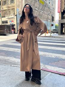 SHEIN EZwear 女士纯色立领长袖长款优雅风衣，春秋季