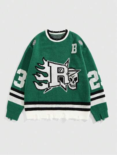 Street Life Suéter de béisbol de cuello redondo casual para hombres con estampado de letras y rayas de manga larga, estilo grunge