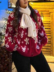 Nubod Christmas Plus Size Gingerbread Man Printed Front Button Casual Cardigan, Winter - Multicolor - View 7