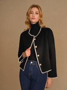 MOTF PREMIUM 羊毛对比色绑带单排扣大衣 - 黑色 - 查看 6