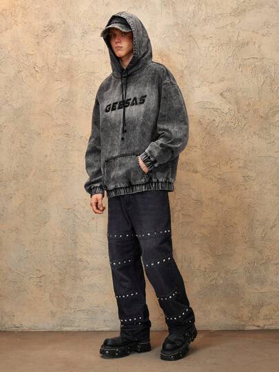 Grunge Punk Vaqueros de mezclilla casual con lavado y decoración de remaches para hombres