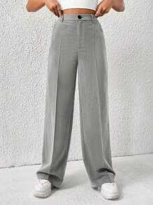 SHEIN EZwear Bộ vest cạp cao màu xám đậm trơn mùa xuân, quần ống đứng cho mùa thu/đông - Màu Xám nhạt - Xem 4