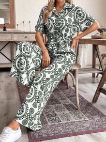 SHEIN LUNE Bộ đồ liền thân Palazzo rộng rãi cho nữ có họa tiết hoa toàn thân và thắt eo - màu xanh lá - Xem 5