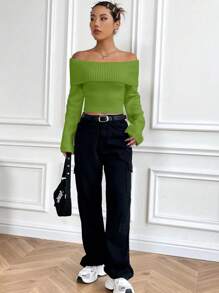 Flirla Off-Shoulder Casual Versatile Knit Sweater, Autumn/Winter Knit Pullover Fall - Green - View 3