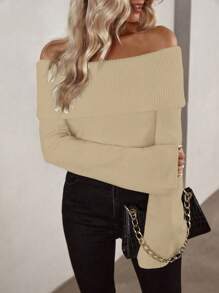 Chiquease Crew Neck Solid Color Sweater Knit Pullover Fall Winter Outfit - Beige - View 4