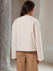 EMERY ROSE Vintage Elegant Round Neck Short Metallic Button Pocket Jacket Fall Cloth For Women - Apricot - View 2