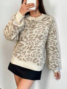 Chiquease 女士豹纹圆领灯笼袖加厚保暖套头毛衣，长袖上衣，针织套头衫，秋冬款 - 彩色 - 查看 6