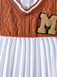 SHEIN Girls Casual Long Sleeve Collared Splice Knit Dress With Pleated Hem