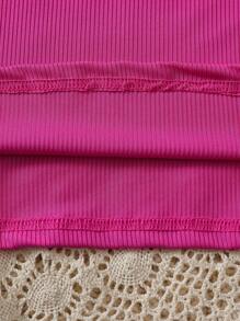 SHEIN Elladie kids 年轻女孩波尔卡圆点植绒提花网眼拼接泡泡袖长袖 T 恤，秋季 - 玫紅色 - 查看 6