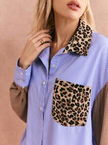 Poéselle Camisa casual de diario de mujer con bolsillo, manga larga, cierre frontal con botones, estampado de leopardo y bloques de color, ropa de mujer para otoño e invierno, de estilo chic sin esfuerzo, 24 FW