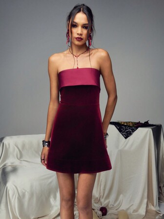 TypaGal Holiday Party Red Velvet Contrast Satin Fold Over Bandeau A Line Mini Dress, Elegant Cocktail Semi Formal Prom Dress, For Birthday, Wedding Guest, Graduation, Dinner, Homecoming For Holiday Party Dress Women,Valentines