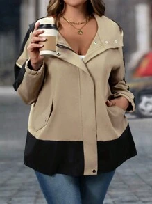 SHEIN LUNE 大码色块带口袋连帽长袖夹克 - 彩色 - 查看 1