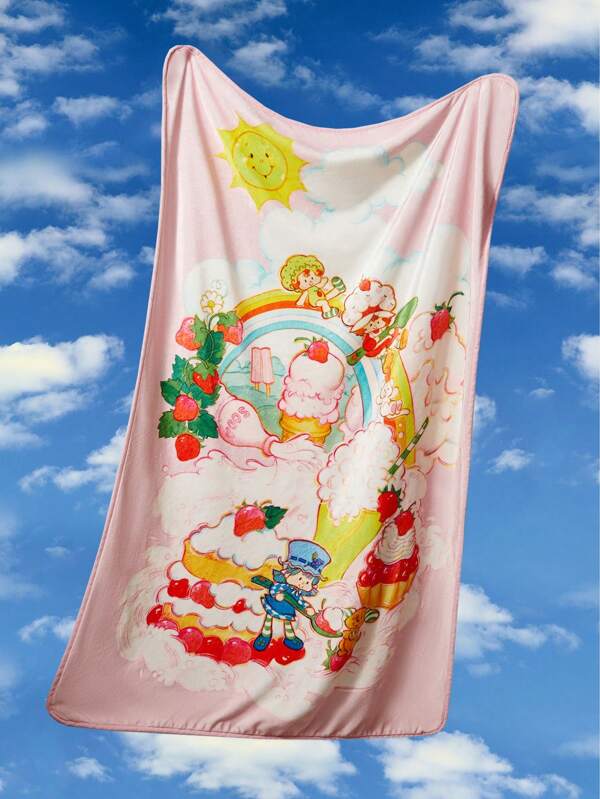 Strawberry Shortcake X SHEIN Cartoon Characters & Strawberry Cake Printed Pink Flannel Blanket