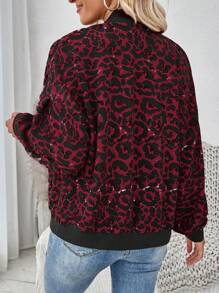 SHEIN LUNE Áo khoác bóng chày họa tiết da báo dành cho nữ cho ngày trở lại trường/ngày thể thao, mùa thu đông - Màu Đỏ Sâu - Xem 2