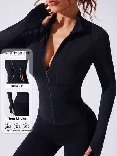 Easithlete Chaqueta deportiva de manga larga con cierre de cremallera, cuello ajustado y unicolor