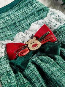 PETSIN 1 pièce Robe de chien décorative avec nœud de cerf, patchwork à carreaux verts de Noël et dentelle pour animaux de compagnie