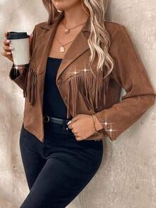 SHEIN LUNE Chaqueta con decoración de flecos y tachuelas de moda talla grande, otoño - Marrón - Ver 5