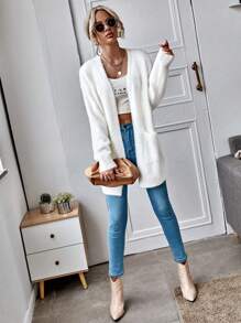 SHEIN LUNE Patch Pocket Fuzzy Cardigan,Long Sleeve Tops