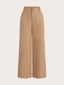 SHEIN LUNE Calças femininas outono/inverno perna reta bambu texturizado com bolsos - Caqui - Ver 7