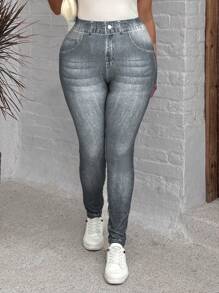 SHEIN LUNE Celana Legging Jegging Ketat Elastis untuk Wanita Ukuran Plus dengan Efek Denim - Dark Grey - View 5