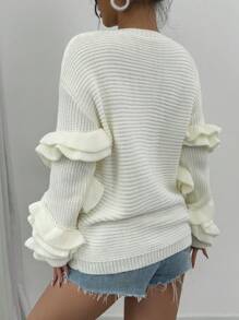 Chiquease 女士休闲纯色圆领落肩长袖荷叶边针织毛衣，秋冬季，针织套头衫 - 白色 - 查看 2