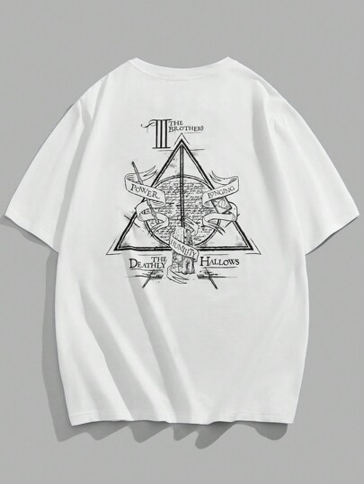 HARRY POTTER X SHEIN Men's Casual Slim Knitted Deathly Hallows Print White Short Sleeve T-Shirt