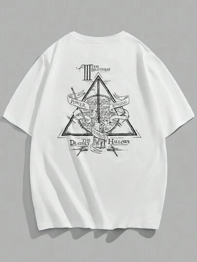 HARRY POTTER X SHEIN Men's Casual Slim Knitted Deathly Hallows Print White Short Sleeve T-Shirt