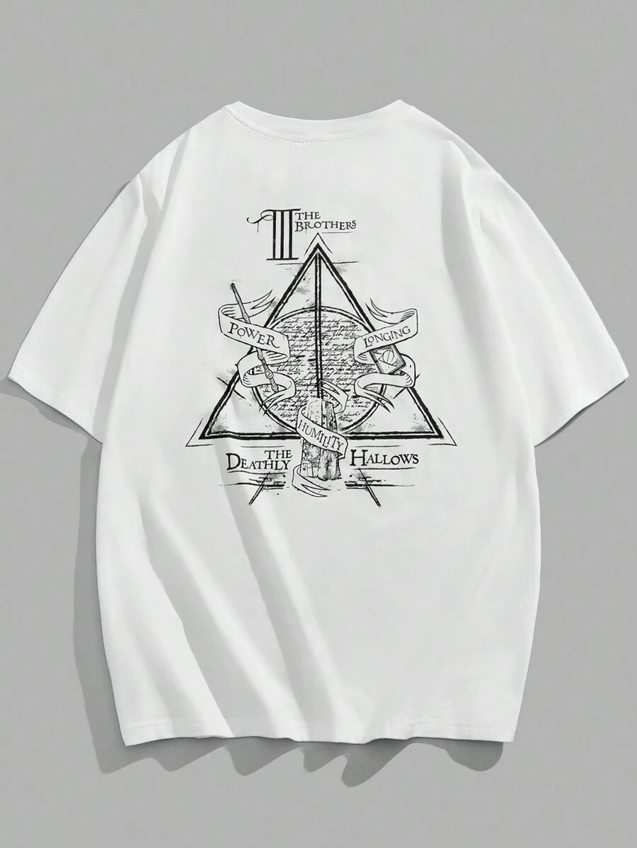 HARRY POTTER X SHEIN 男士休闲修身针织死亡圣器印花白色短袖 T 恤 - 白色 - 查看 1