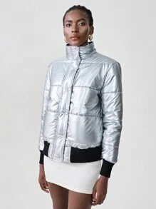 Chiquease 女士休闲金属拉链前立领加厚棉服外套，冬季服装 - 銀色 - 查看 7