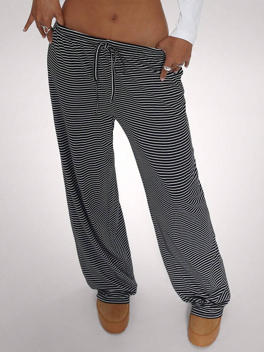Forever 21 Women's Casual Striped Drawstring Waist Pants, Autumn - Black - View 1