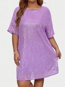 SHEIN LUNE Vestido de manga corta con cuello redondo y lentejuelas para mujer de talla grande, ropa para fiestas de vacaciones