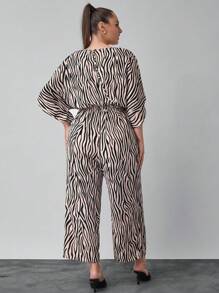 SHEIN Clasi Plus Size Elegant Black & White Striped Elastic Waist Jumpsuit, Suitable For Workplace And Teachers - Black and White - View 3