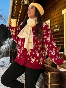 Nubod Christmas Plus Size Gingerbread Man Printed Front Button Casual Cardigan, Winter - Multicolor - View 6