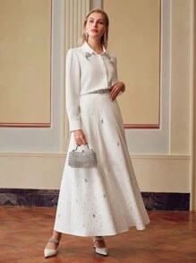 ZEYLAH RHINESTONE DETAIL SLANT POCKET FLARE SKIRT