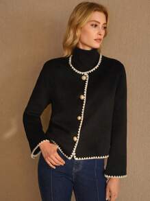 MOTF PREMIUM 羊毛对比色绑带单排扣大衣 - 黑色 - 查看 5