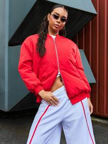 SUMWON WOMEN Casual Bomber Jacket Lightweight Varsity Style College Windbreaker Flight Nylon Spring Fall Winter Outerwear - Red - View 4