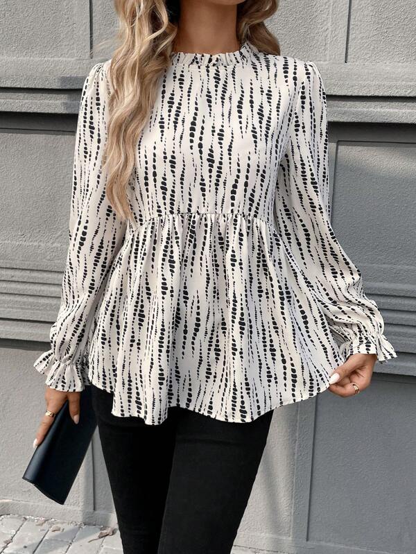 SHEIN LUNE Women's All-Over Print Frill Mock Neck Ruffle Sleeve Peplum Top