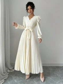 Rafferiza Đầm dài xếp ly tay lỡ cổ chữ V buộc dây màu trơn cho nữ, trang phục maxi thu cho nữ - Màu be - Xem 5