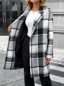 SHEIN LUNE Thick & Warm Plaid Printed Long Ladies Overcoat, Autumn Winter - Black and White - View 7