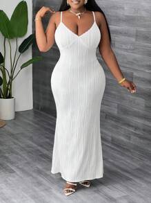 Slaydiva Robe longue moulante blanche à bretelles fines et décolleté plongeant avec dentelle florale, élégante et sexy, pour femme grande taille - Blanc - Voir 1