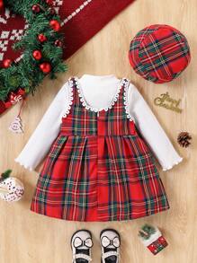 SHEIN 2pcs Christmas Plaid Baby Girls Bowknot Colorblock Plaid Sleeveless Pinafore Dress & Thermal Turtleneck Set