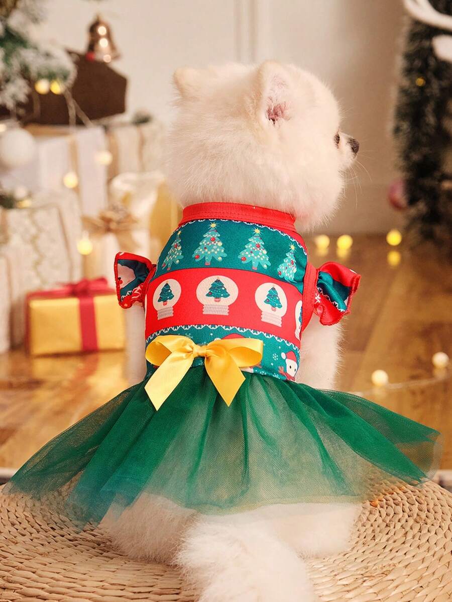 PETSIN 可爱圣诞树印花条纹薄纱狗狗连衣裙 - 彩色 - 查看 1