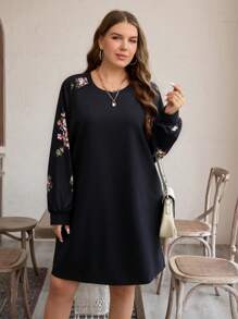 SHEIN LUNE Plus Size Women Floral Print Long Sleeve Knee-Length Loose Casual Dress For Autumn Holiday Outfit Holiday Party Dress Plus Dress