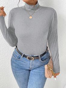 SHEIN PETITE CURVE T-shirt ajusté à manches longues col montant de couleur unie pour femmes en tailles plus